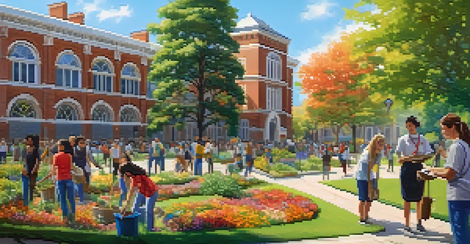 A lively university campus where students are involved in community service, planting trees and cleaning a park, with university buildings in the background under a sunny sky.