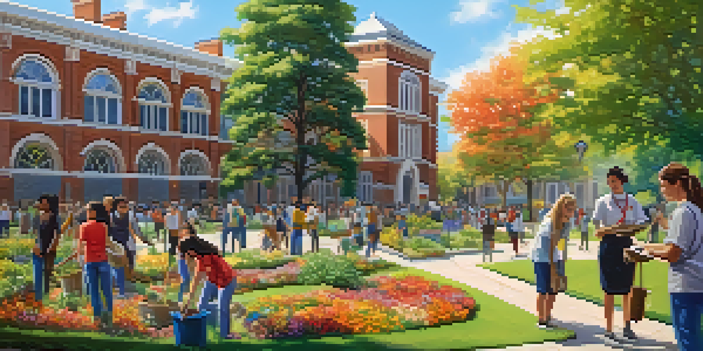 A lively university campus where students are involved in community service, planting trees and cleaning a park, with university buildings in the background under a sunny sky.