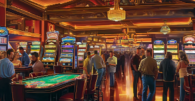 A lively casino floor in Reno with bright lights, gaming tables, and people enjoying themselves.
