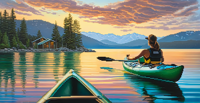 A couple kayaking on Lake Tahoe during sunset, with a colorful sky reflecting on the water and mountains in the background.