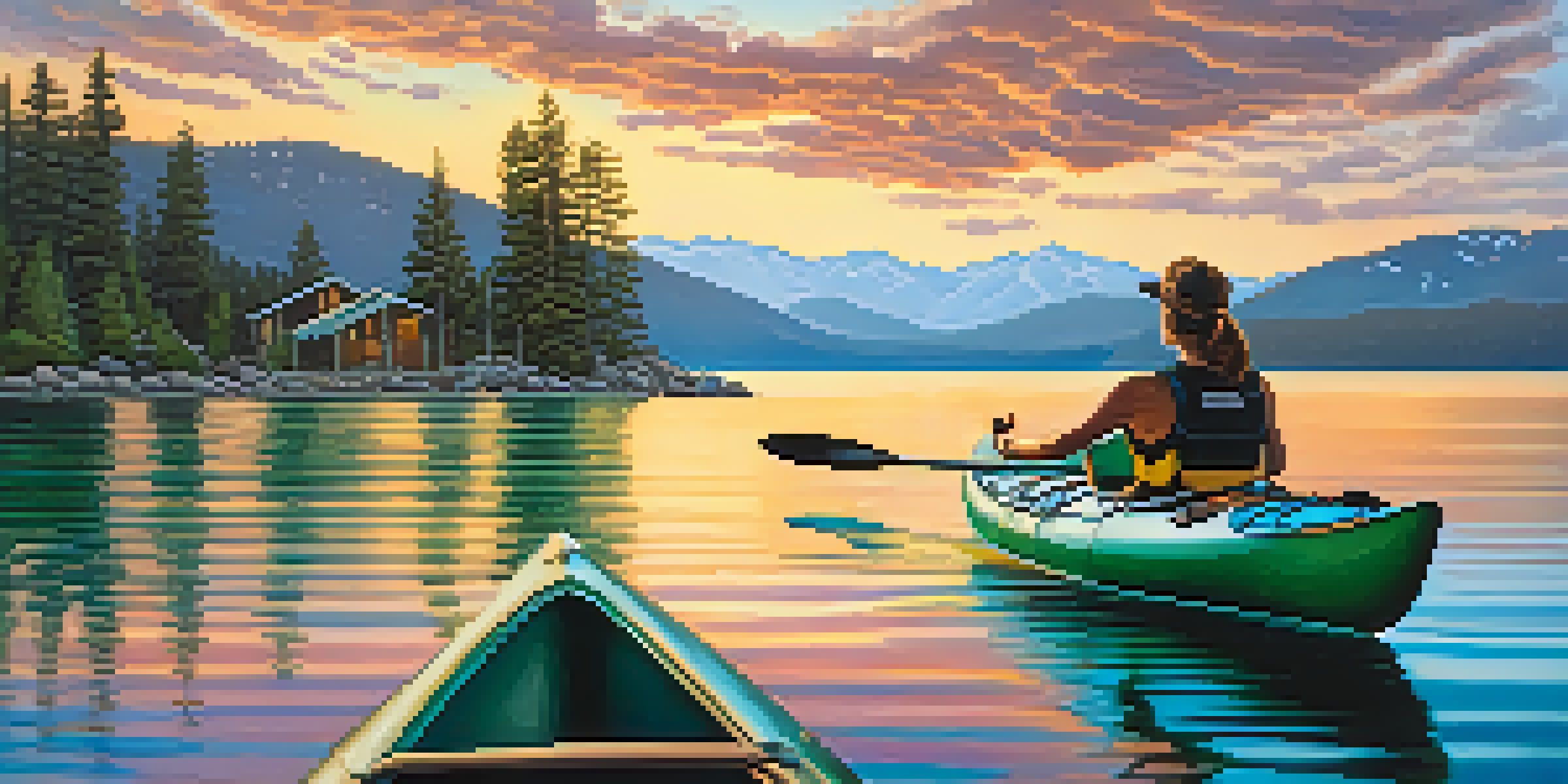 A couple kayaking on Lake Tahoe during sunset, with a colorful sky reflecting on the water and mountains in the background.