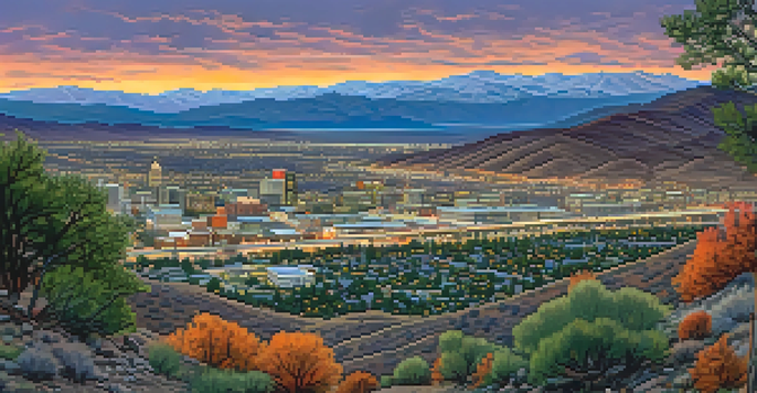 A scenic sunset view of Reno, Nevada, surrounded by mountains and featuring the Truckee River with wildlife.