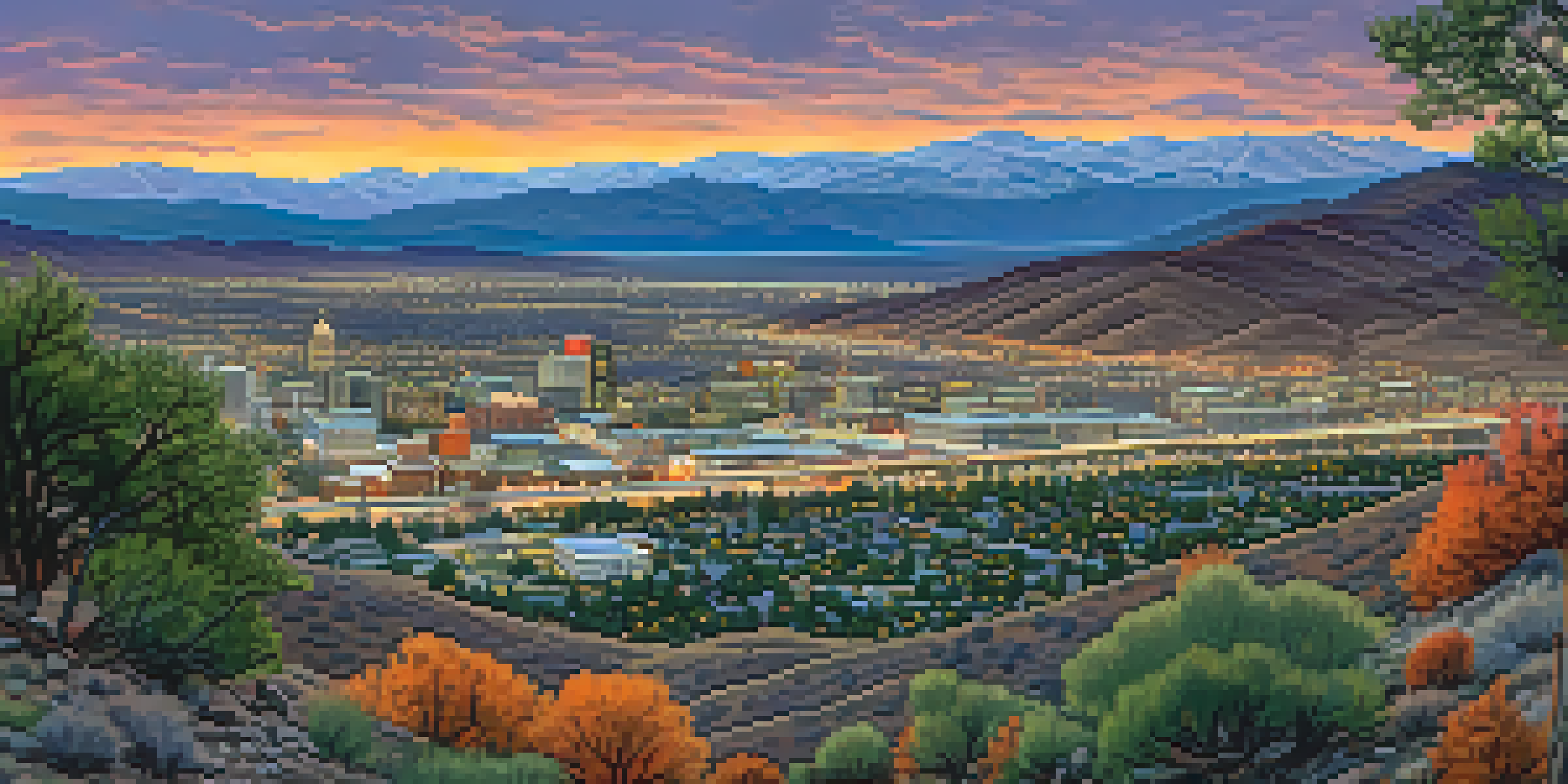 A scenic sunset view of Reno, Nevada, surrounded by mountains and featuring the Truckee River with wildlife.