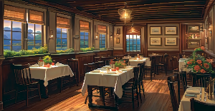 A warm and inviting restaurant interior with wooden furniture and patrons enjoying meals.