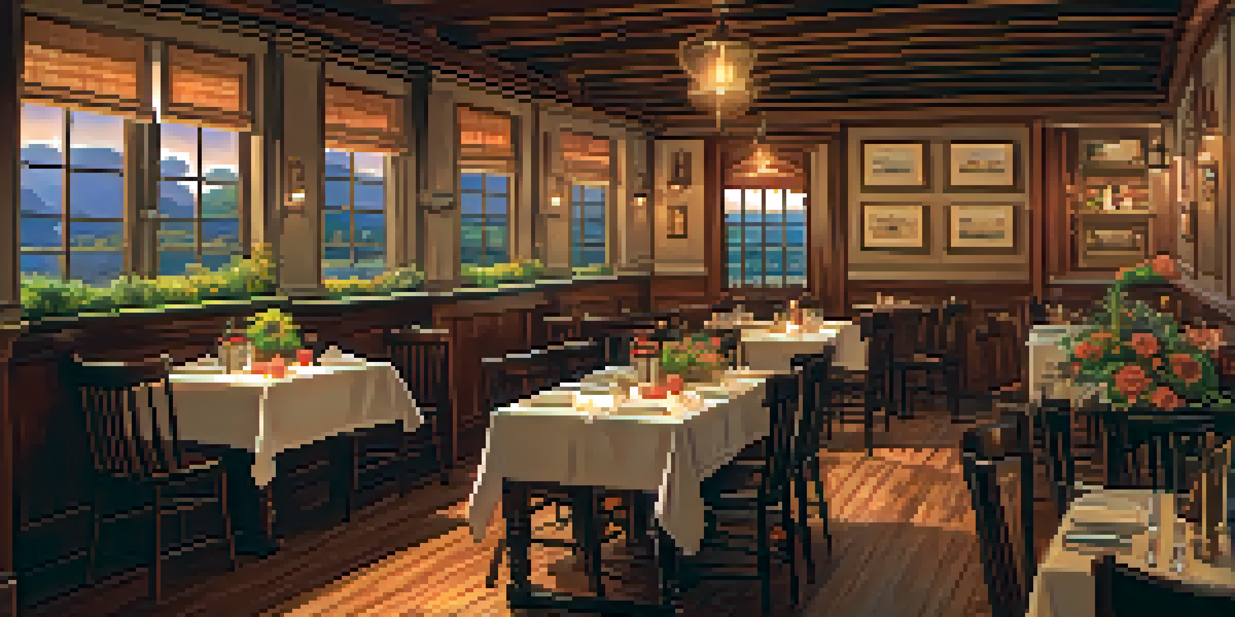 A warm and inviting restaurant interior with wooden furniture and patrons enjoying meals.