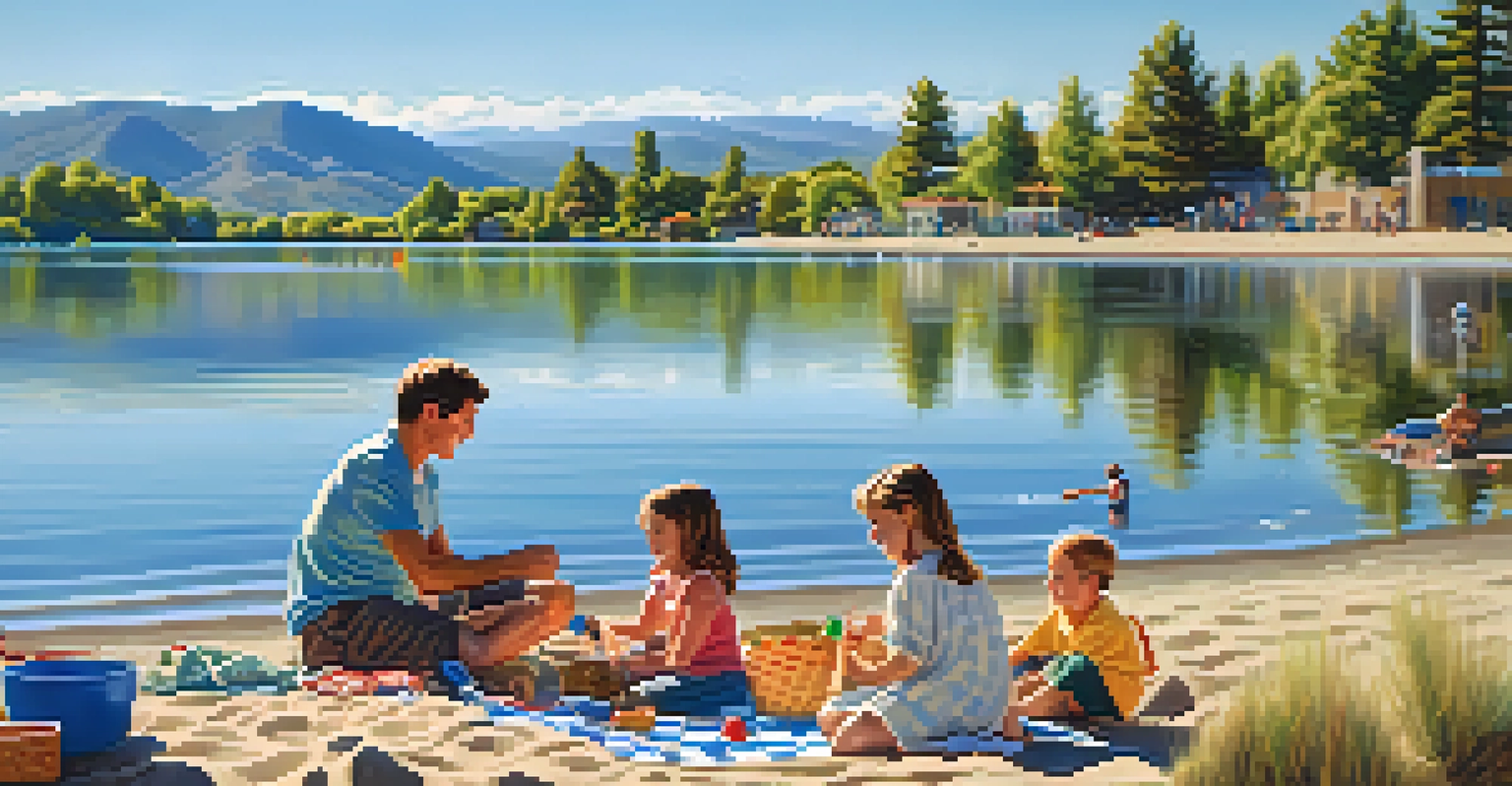 A family at Washoe Lake, children playing in shallow water, a sandy beach, and a picnic setup in the background.