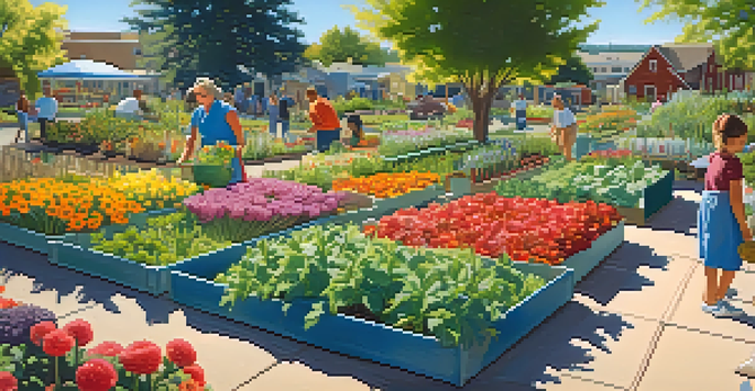 A community garden in Reno filled with colorful flowers and vegetables, with residents and children enjoying the space under a sunny sky.