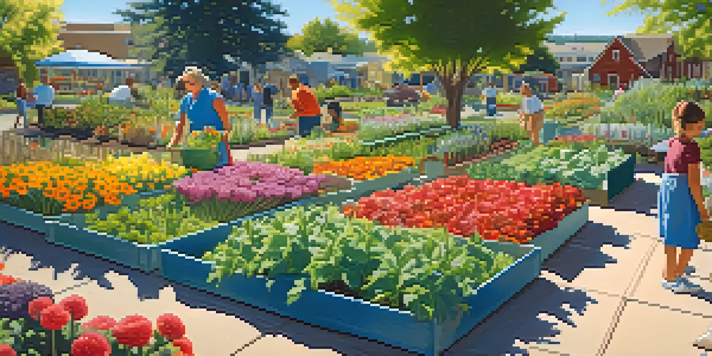 A community garden in Reno filled with colorful flowers and vegetables, with residents and children enjoying the space under a sunny sky.