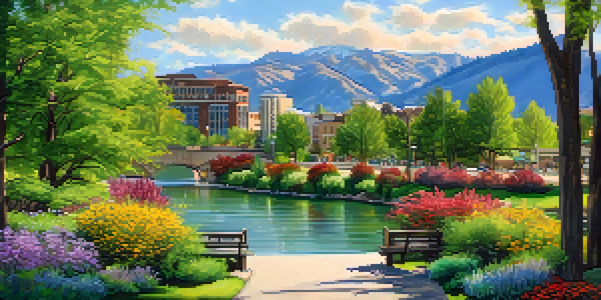 A picturesque view of the Truckee River Walk in Reno, with people walking and biking along a tree-lined path beside the river.