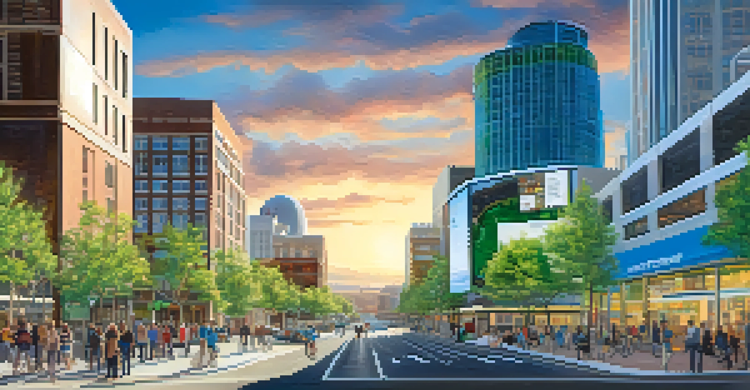 A modern urban scene in Reno showcasing smart technology, bustling streets, and green roofs, under a clear blue sky.