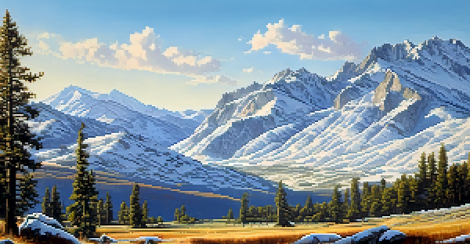A wide view of the Sierra Nevada Mountains with snow-capped peaks and colorful meadows beneath a blue sky.