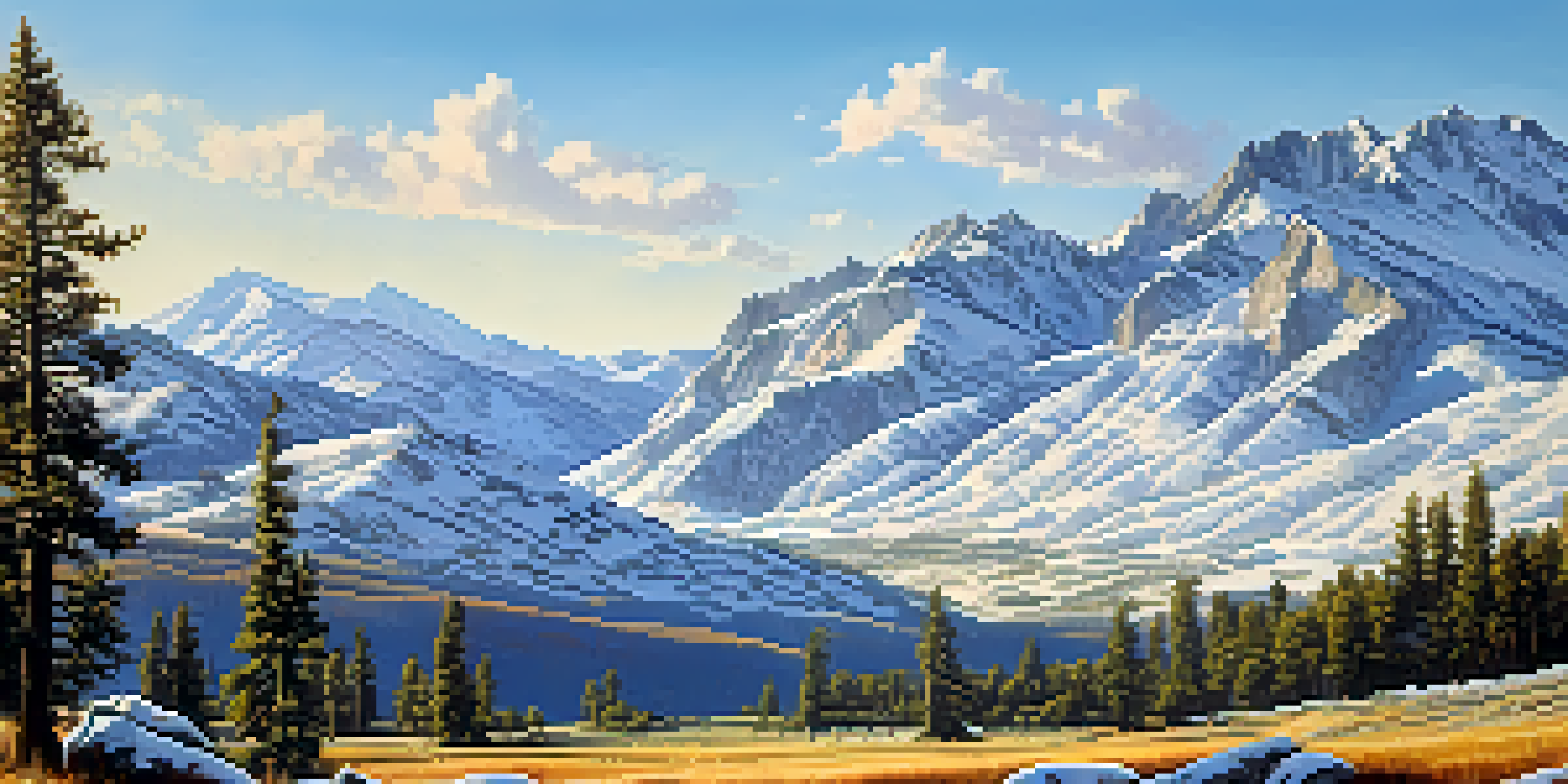 A wide view of the Sierra Nevada Mountains with snow-capped peaks and colorful meadows beneath a blue sky.