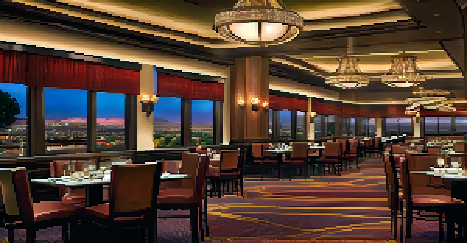 An elegant dining scene in a Reno casino restaurant showcasing local cuisine and a view of the casino floor.