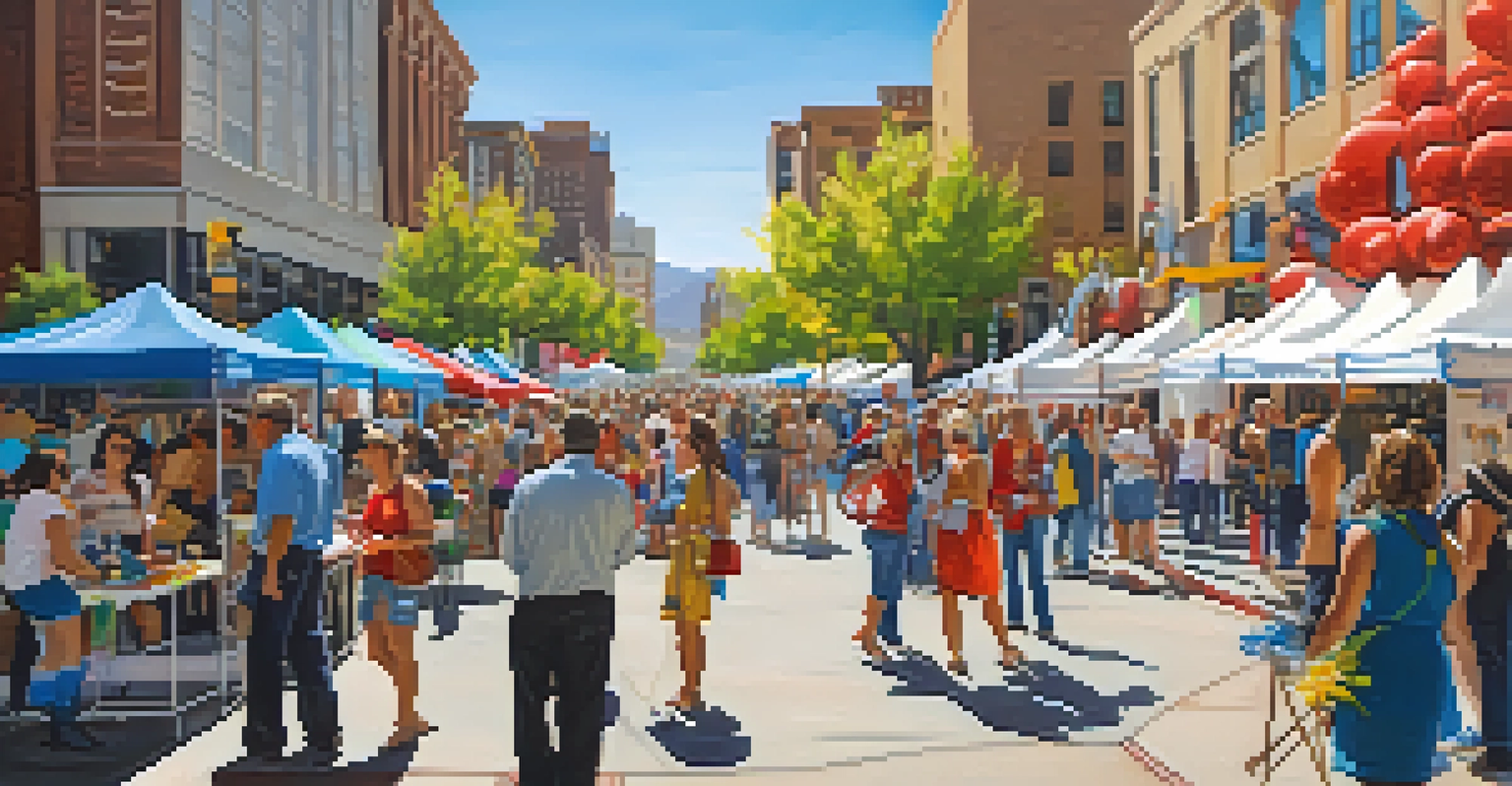 The Reno Arts Festival featuring artists showcasing their work, attendees participating in workshops, and a lively downtown atmosphere.