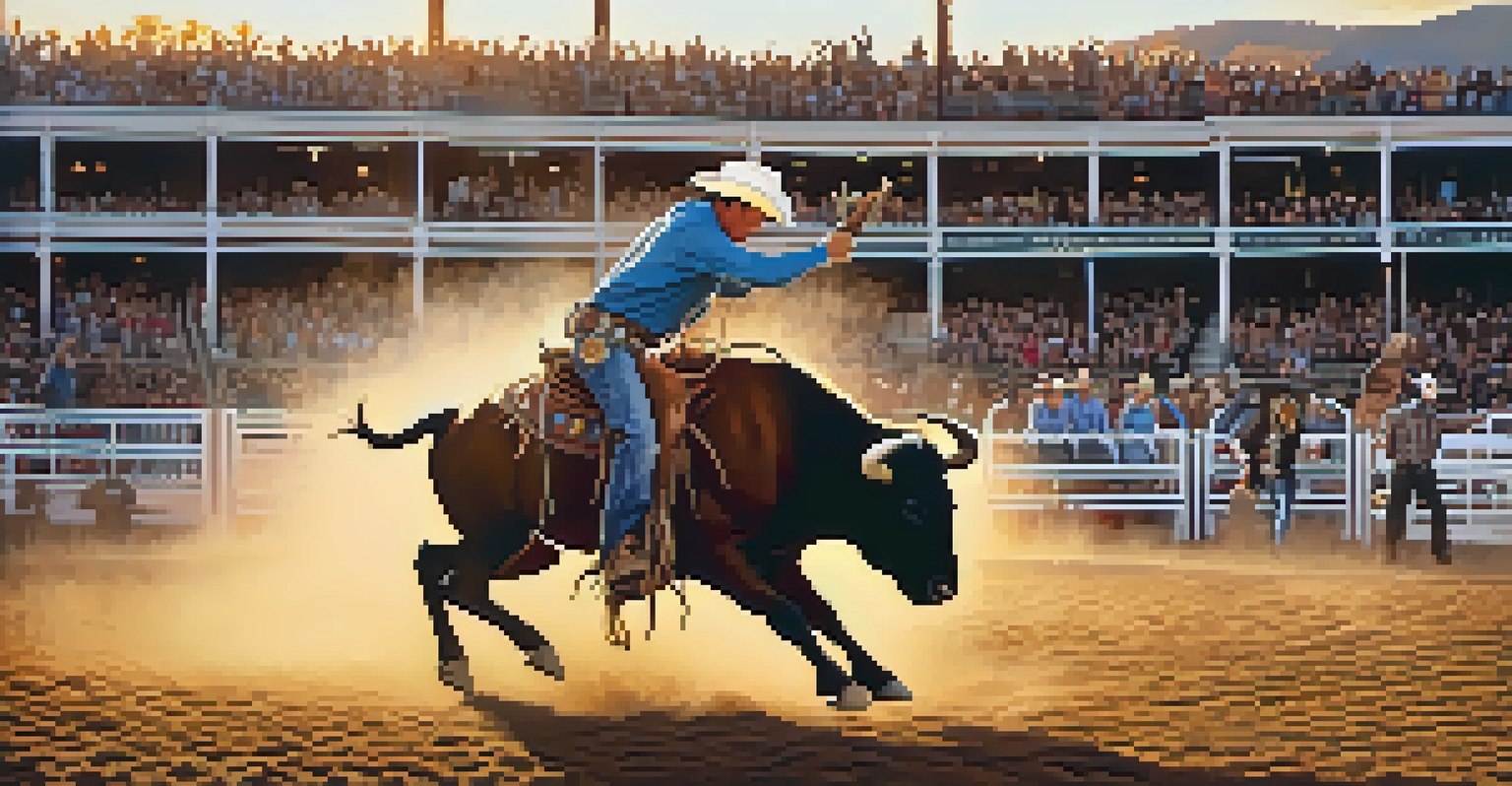 A cowboy riding a bucking bull at the Reno Rodeo, with an excited crowd in a lively arena and a sunset in the background.