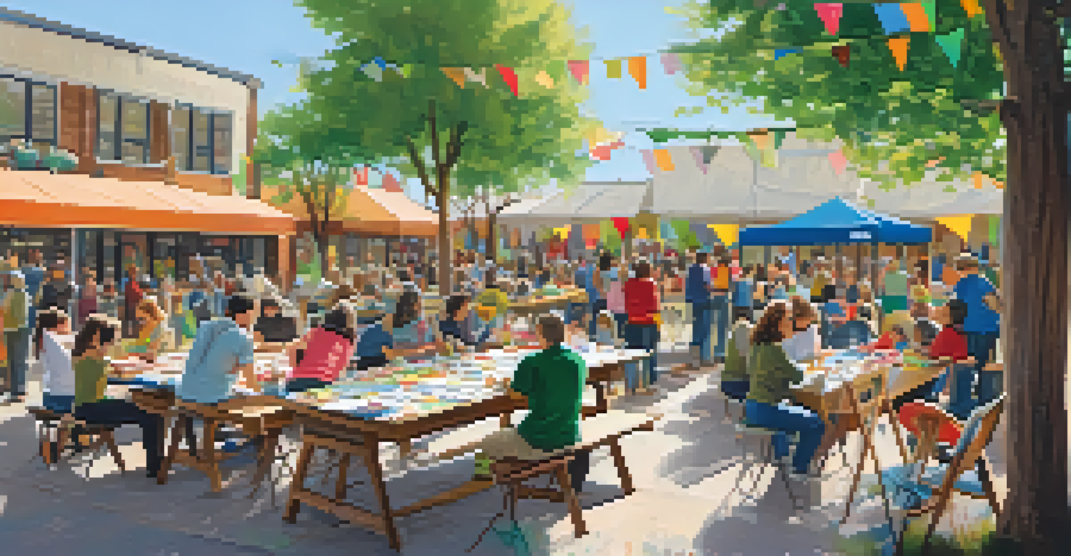 A community art workshop outdoors with people of all ages collaborating on art projects, surrounded by colorful decorations and natural light.