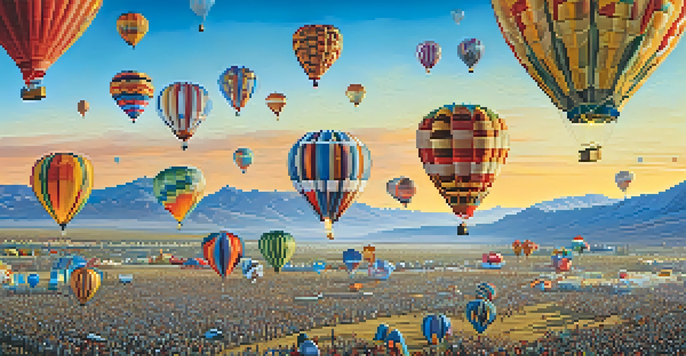 A colorful display of hot air balloons rising into the sky at dawn, with mountains in the background and families enjoying the event.