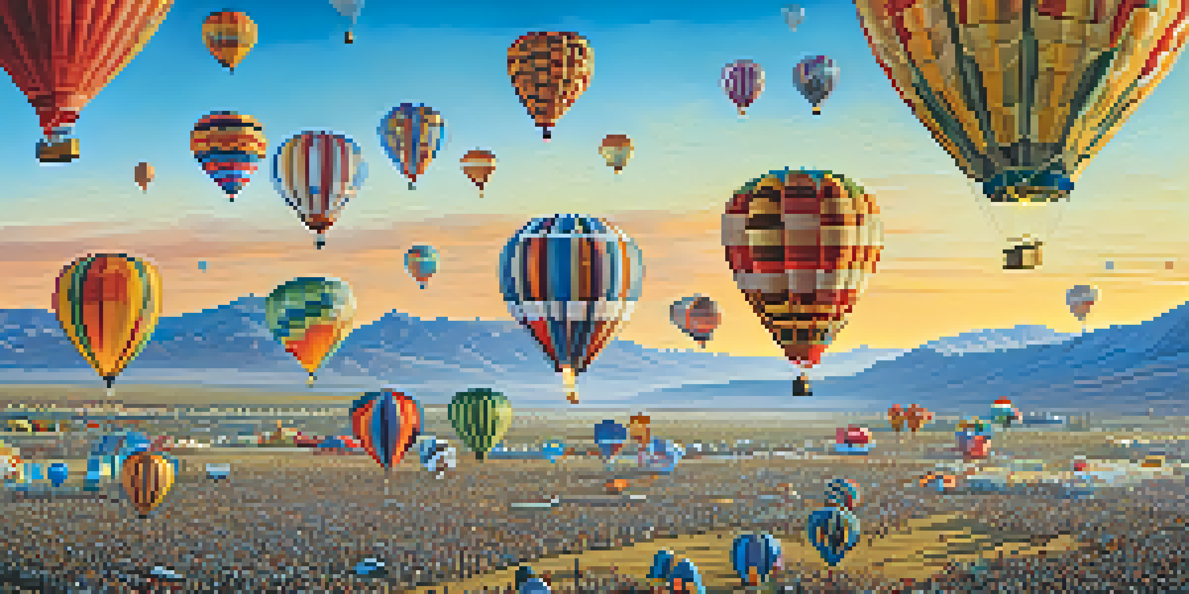 A colorful display of hot air balloons rising into the sky at dawn, with mountains in the background and families enjoying the event.