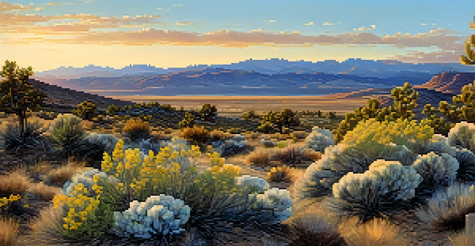 A wide view of Reno's high desert landscape at sunset, featuring mountains, sagebrush, and a clear sky.