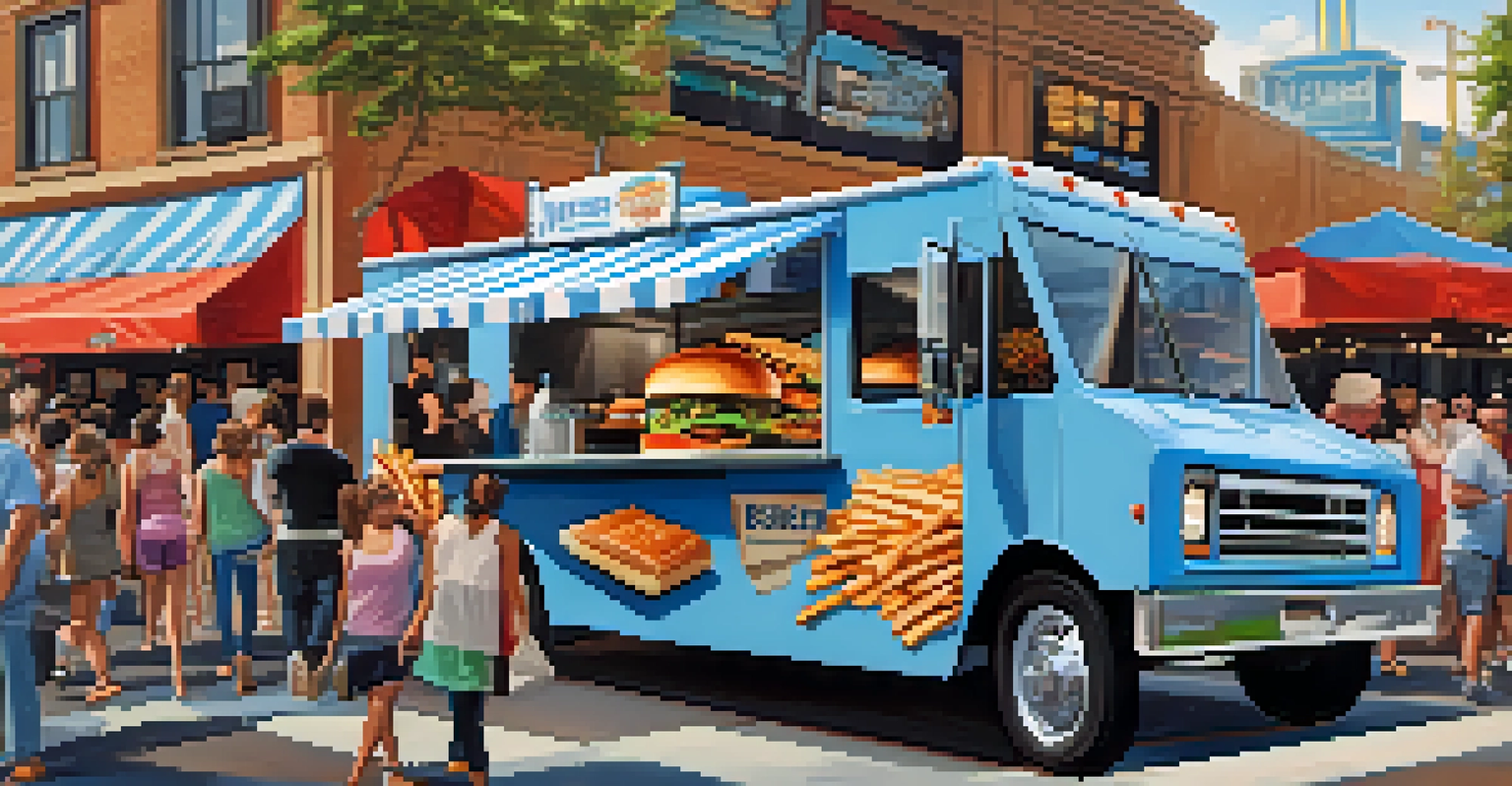 A gourmet burger food truck with a close-up of a delicious burger topped with blue cheese and sweet potato fries, in a busy food festival setting.