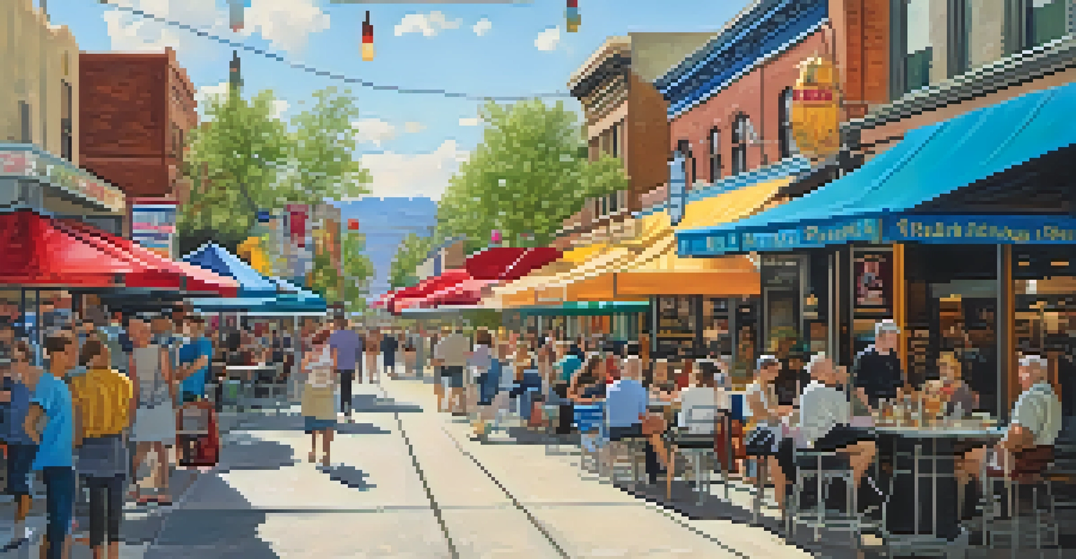 A lively downtown street scene in Reno with people enjoying cafes and shops, and colorful storefronts.