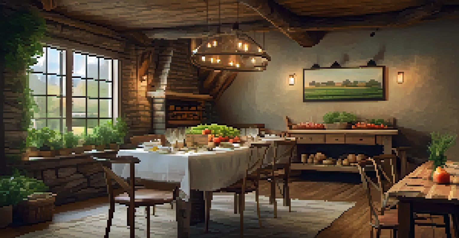 A rustic dining table set with seasonal produce and a steak in a warm, inviting restaurant atmosphere.