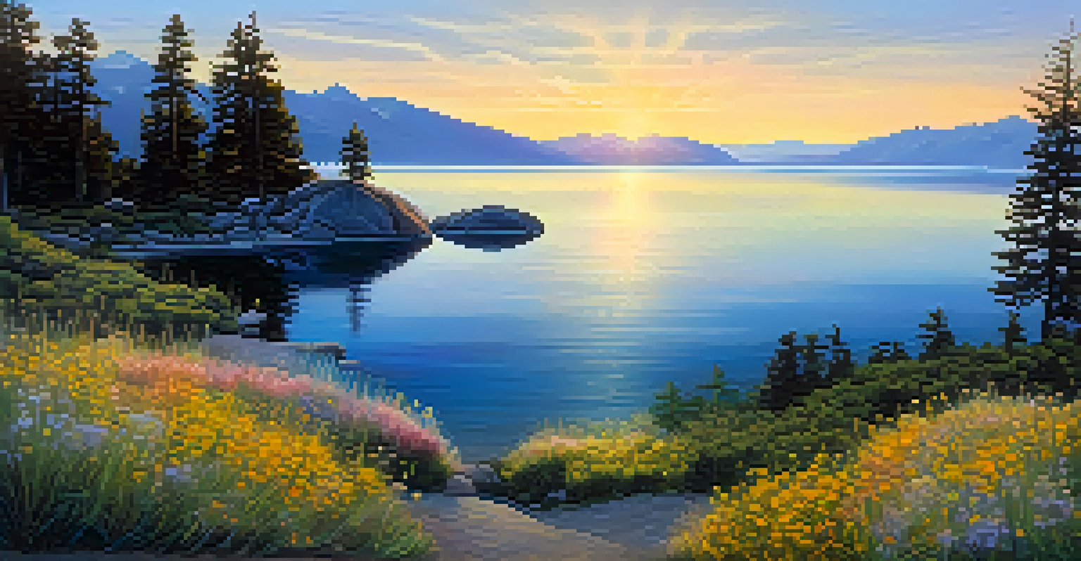 A peaceful sunrise over Lake Tahoe, with flowers in the foreground and mountains in the background.