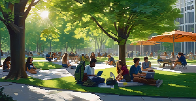 Students of diverse backgrounds collaborating on a research project outdoors on a university campus, surrounded by greenery and modern buildings.