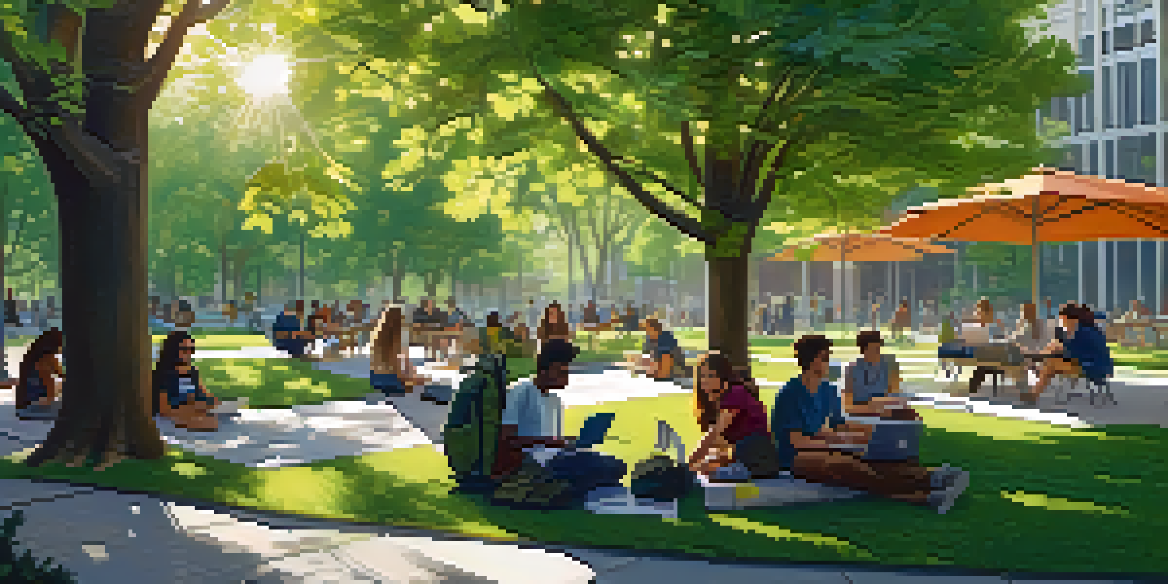 Students of diverse backgrounds collaborating on a research project outdoors on a university campus, surrounded by greenery and modern buildings.