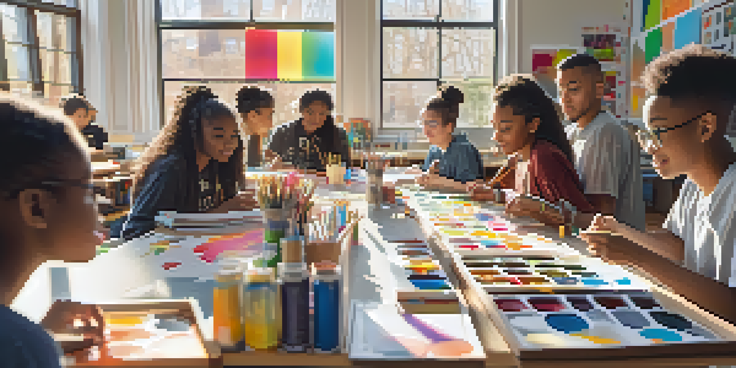 A lively art classroom where students of different backgrounds are working together on an art project, with bright colors and natural light illuminating the space.