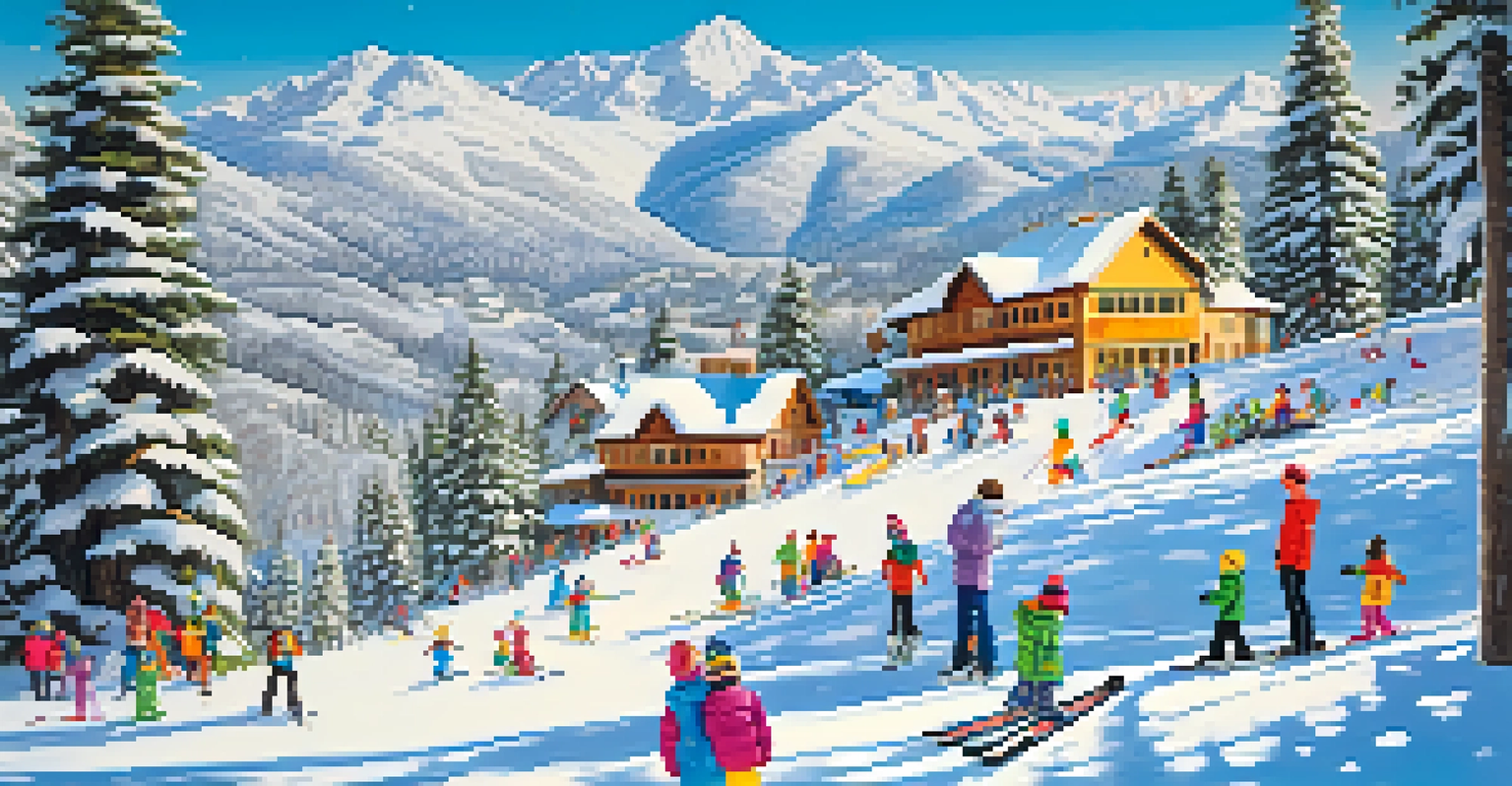 A family at a ski resort, with children learning to ski and parents watching proudly amid a snowy landscape.