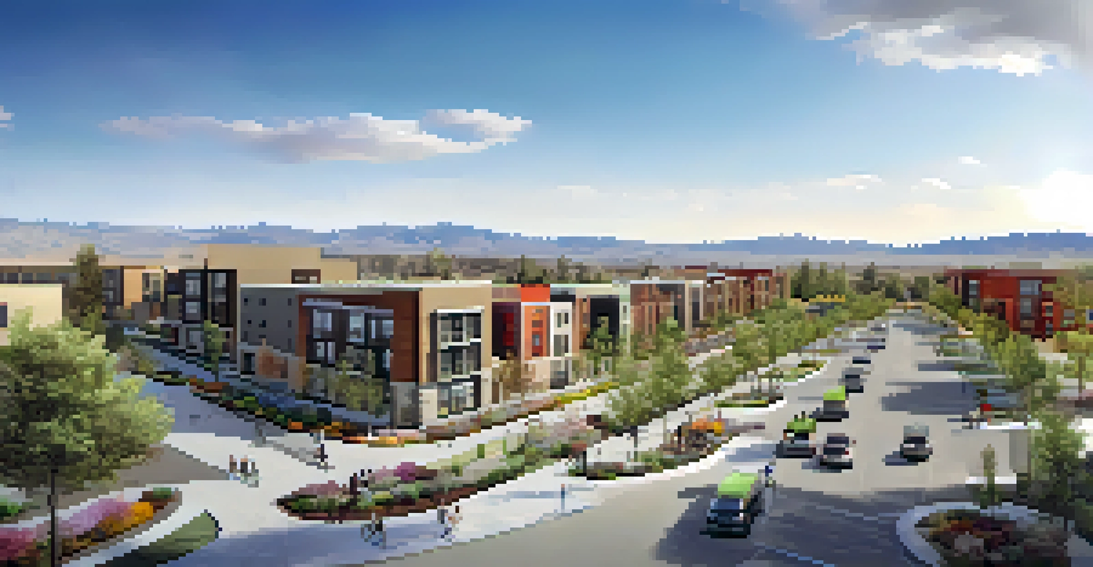 An aerial view of a mixed-use development in Reno with walking paths, bike lanes, and eco-friendly buildings under a clear blue sky.