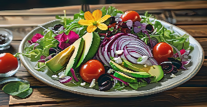 A colorful vegan salad with mixed greens, cherry tomatoes, avocado slices, and edible flowers on a wooden table.