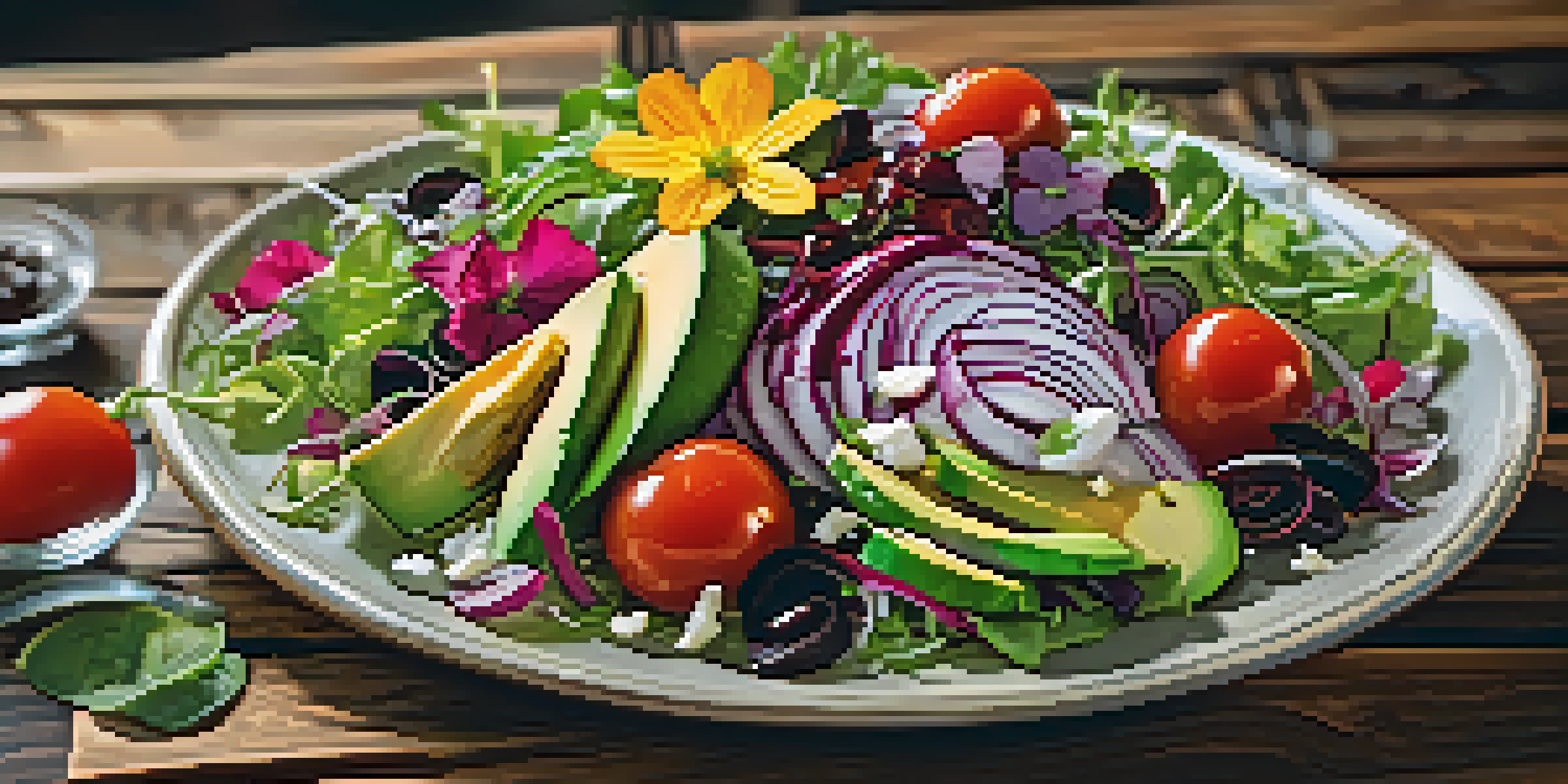A colorful vegan salad with mixed greens, cherry tomatoes, avocado slices, and edible flowers on a wooden table.
