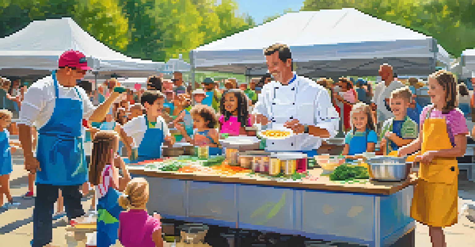 A family participating in a cooking demonstration at a food festival, learning to make snacks with a chef.