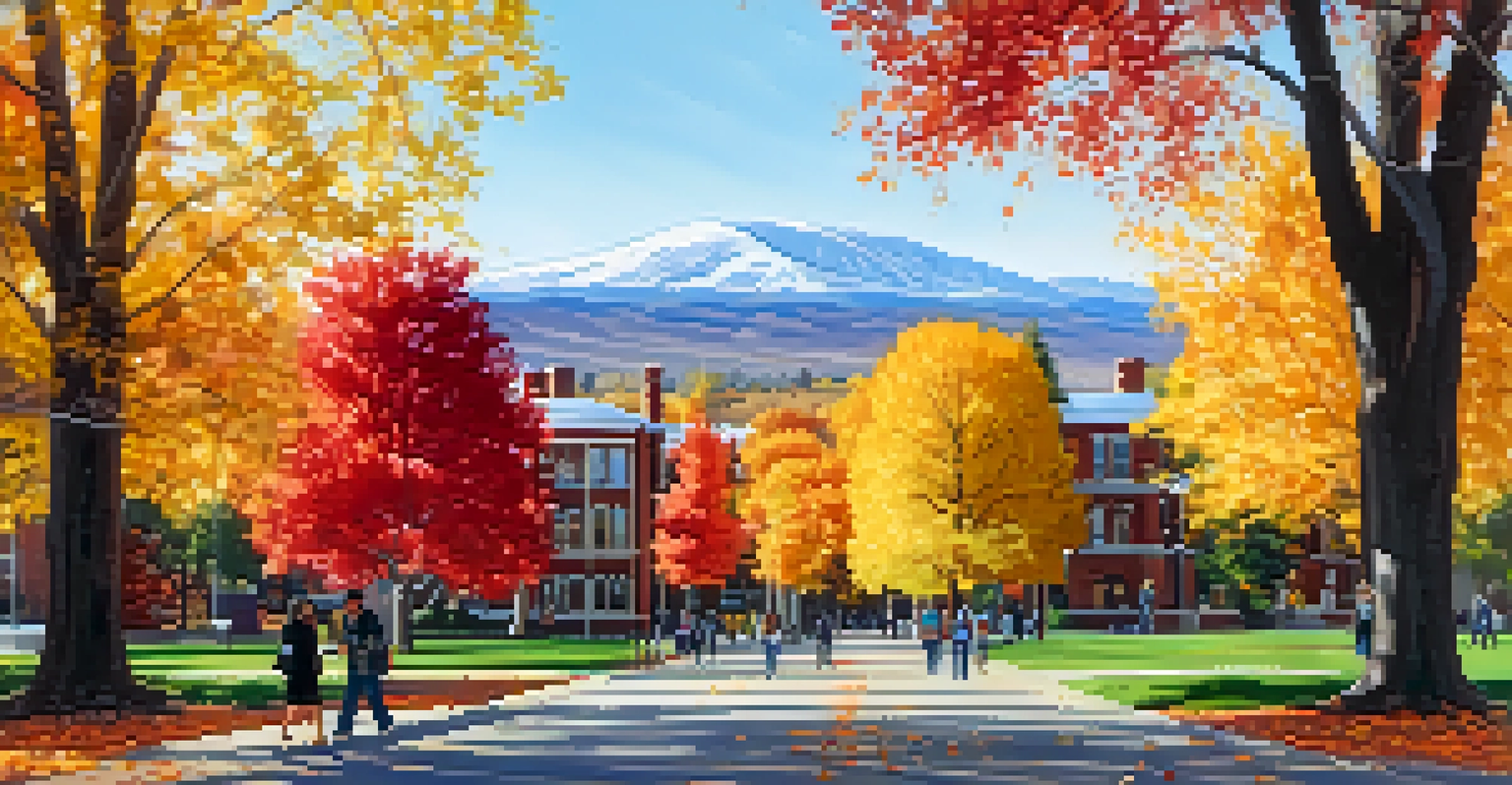 A beautiful autumn scene on the university campus with colorful trees and students walking along a path.