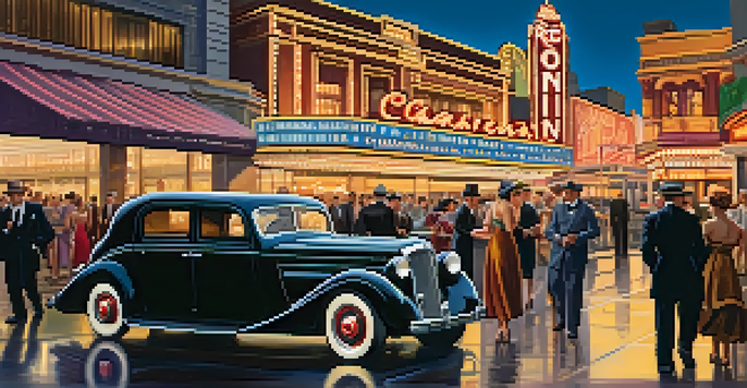 A vibrant 1930s street scene in Reno with casinos, elegantly dressed people, and classic cars under neon lights at dusk.