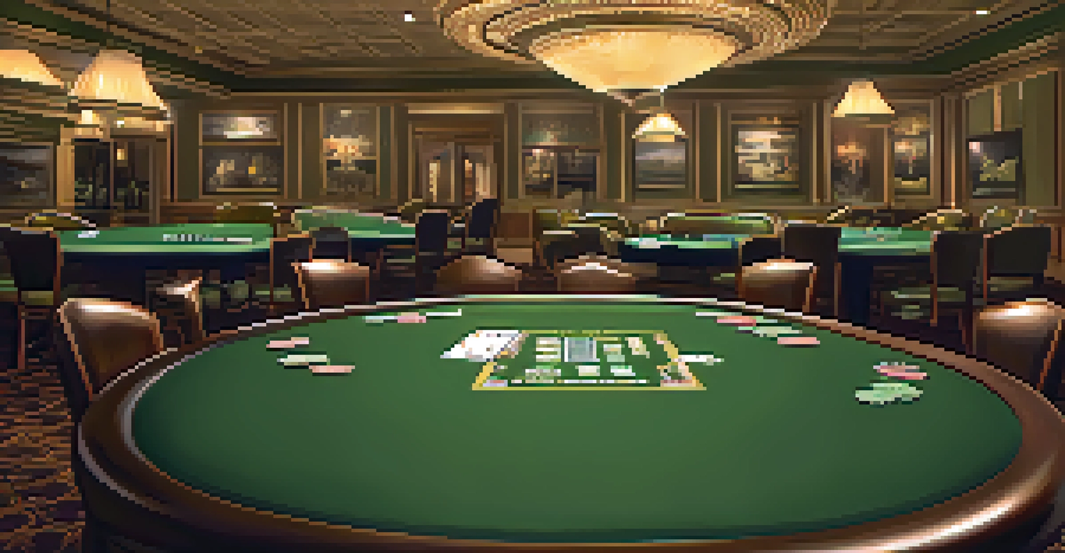 A vintage poker table in a Reno casino with chips and cards, highlighted by warm lighting.