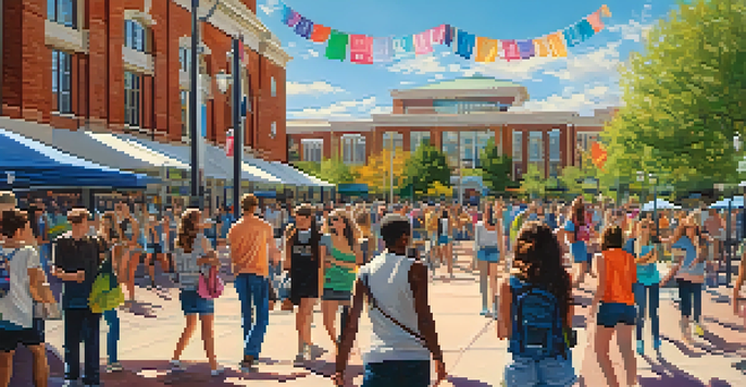 A lively campus event at the University of Nevada, Reno, with diverse students socializing under colorful banners on a sunny day.