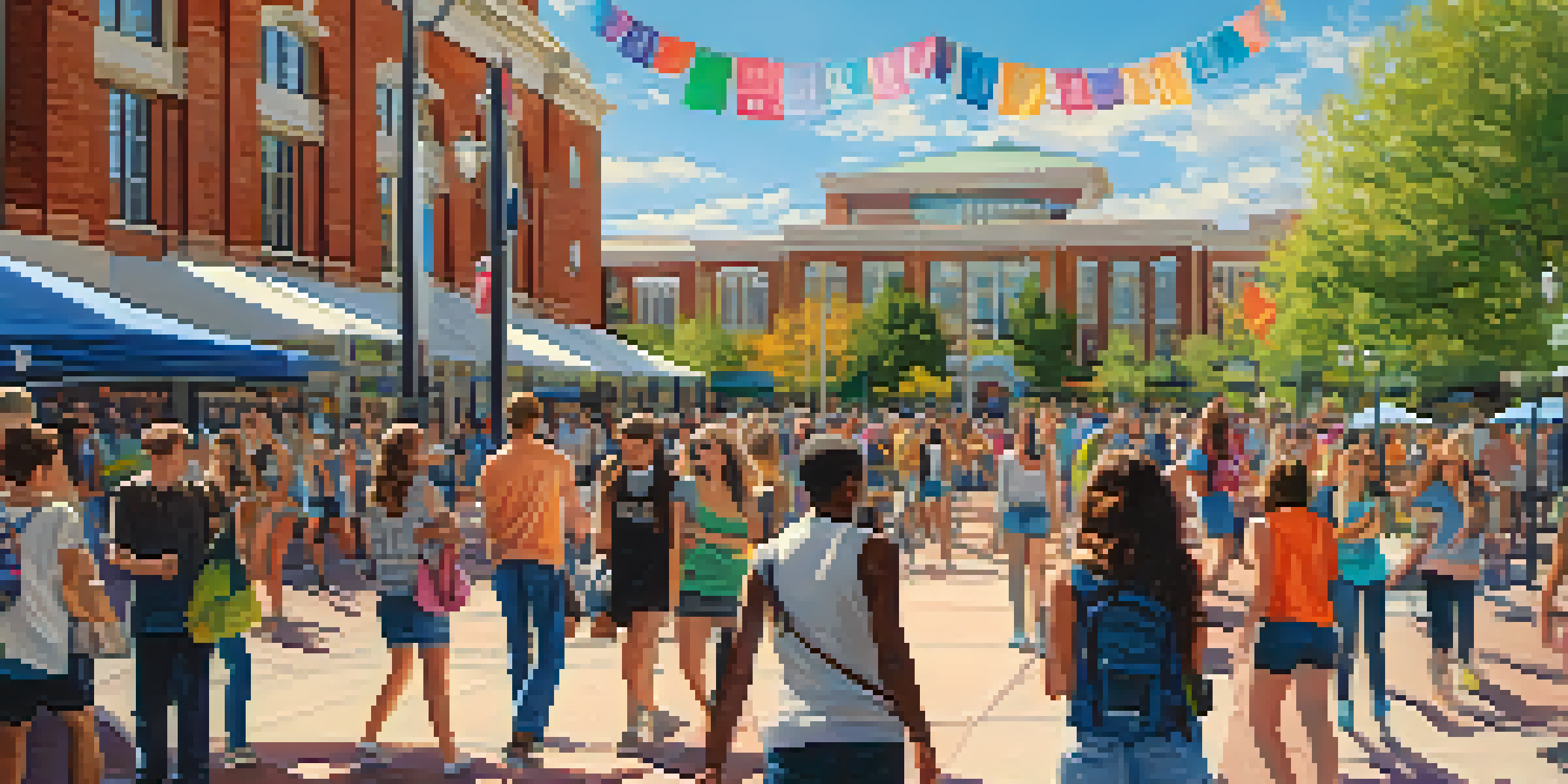 A lively campus event at the University of Nevada, Reno, with diverse students socializing under colorful banners on a sunny day.