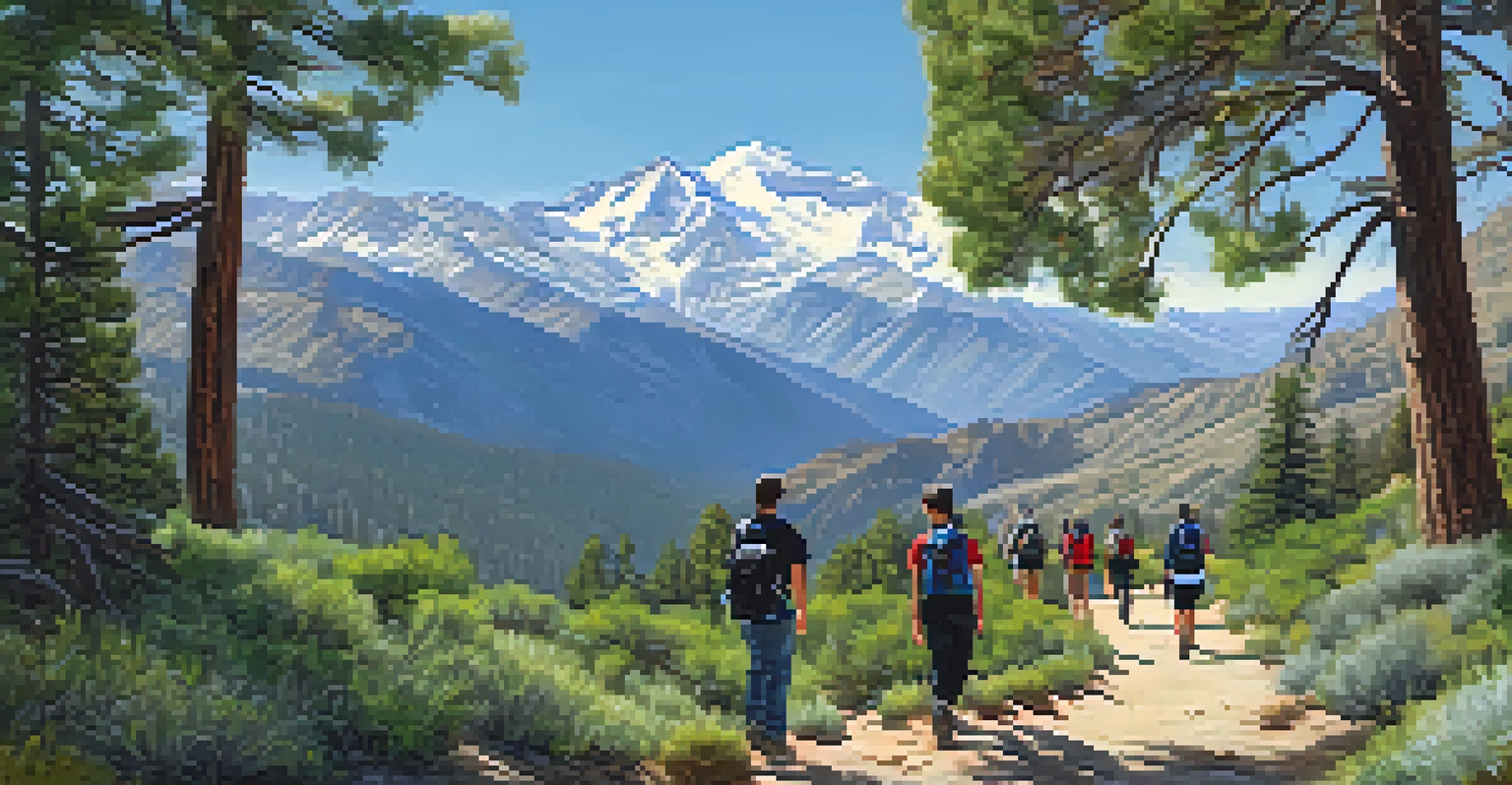 Students hiking along a scenic trail in the Sierra Nevada mountains, surrounded by lush greenery and a clear blue sky.