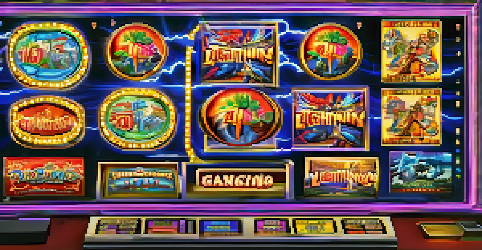Close-up of a Lightning Link slot machine with animated graphics and coins, set in a busy casino.