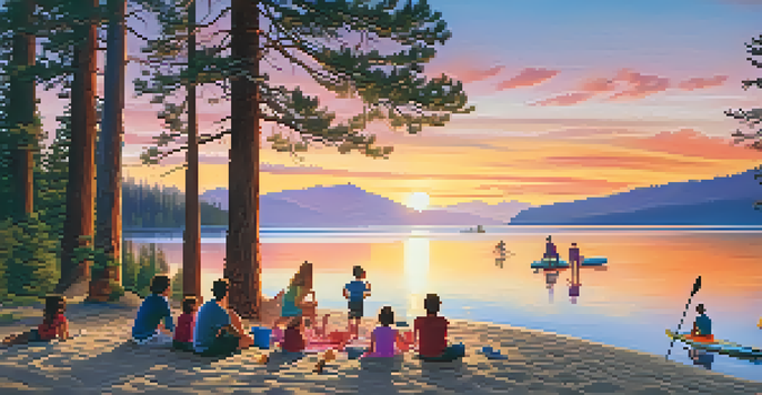 A sunset at Lake Tahoe with families picnicking on the beach, children building sandcastles, and a paddleboarder on the water.