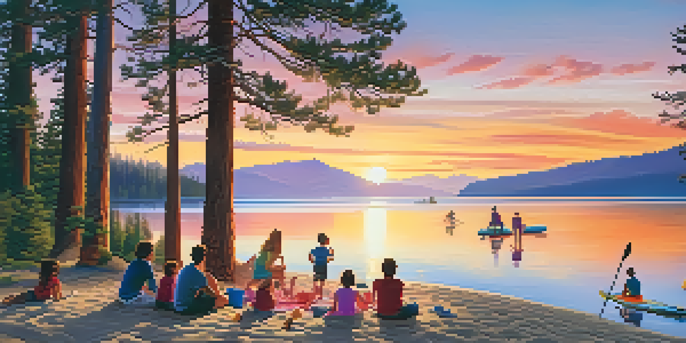 A sunset at Lake Tahoe with families picnicking on the beach, children building sandcastles, and a paddleboarder on the water.