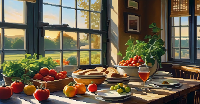 A wooden dining table in a farm-to-table restaurant, decorated with fresh local produce and warm sunlight illuminating the scene.