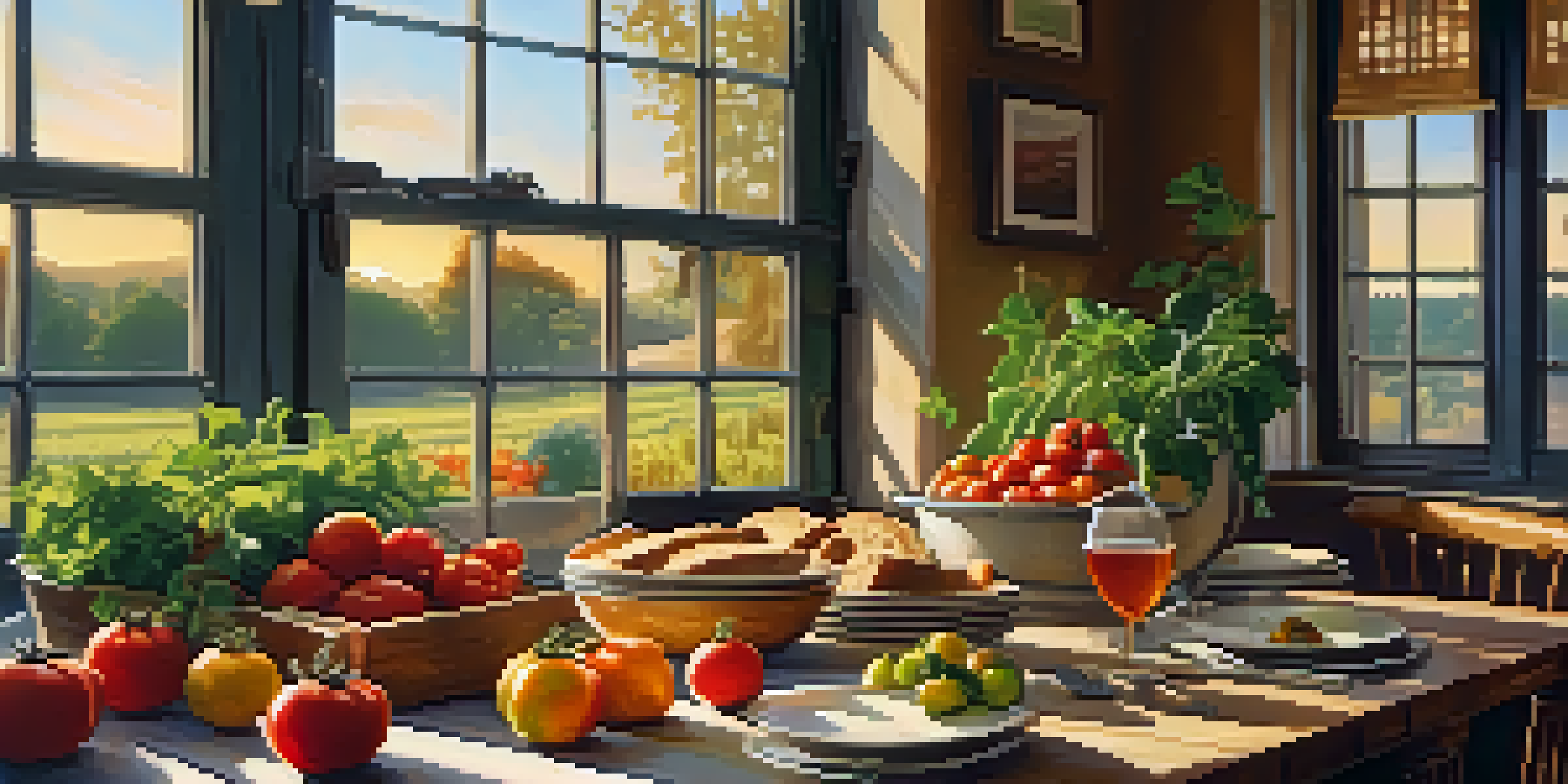 A wooden dining table in a farm-to-table restaurant, decorated with fresh local produce and warm sunlight illuminating the scene.