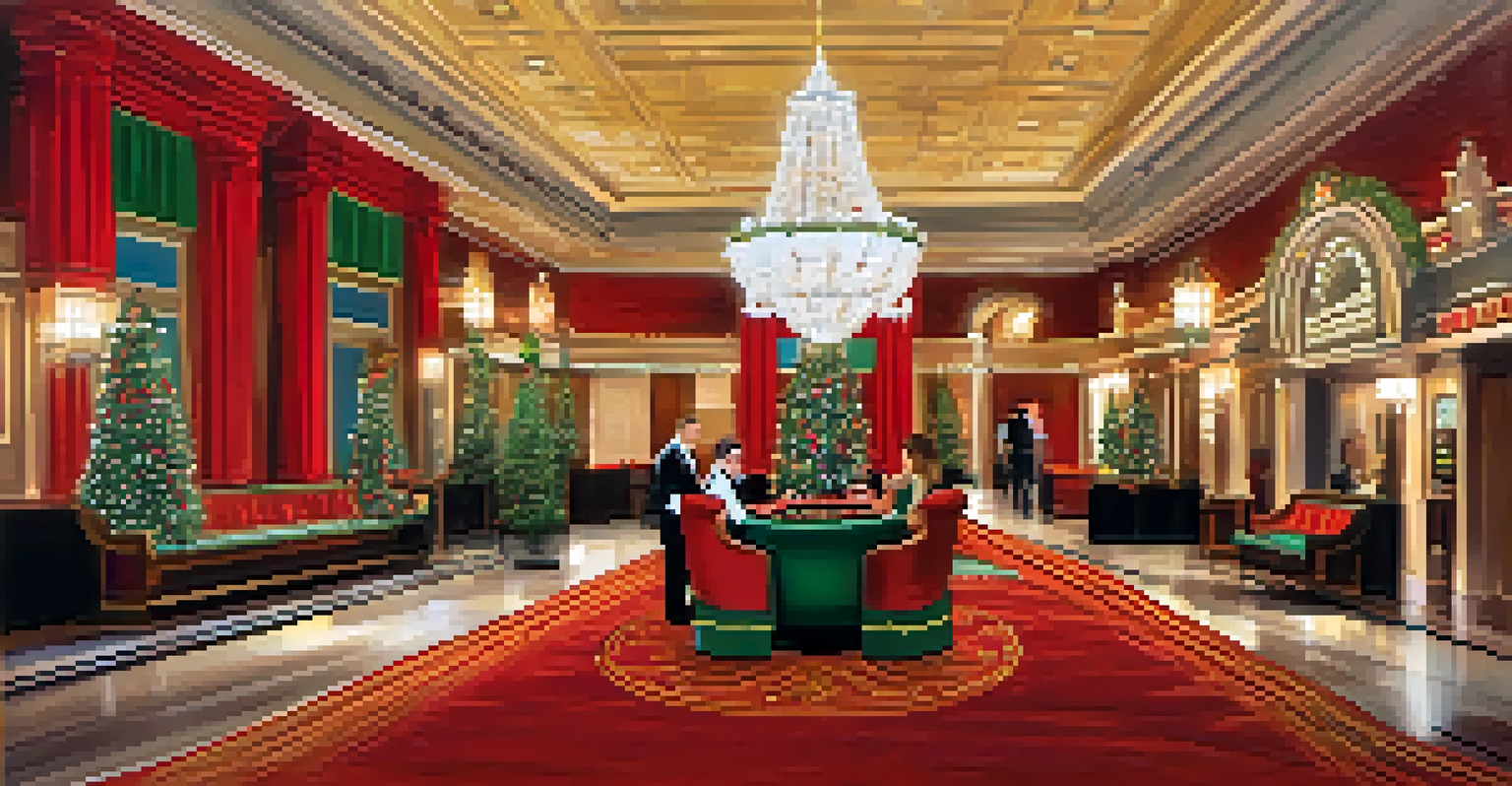 A beautifully decorated casino lobby featuring seasonal promotions and guests interacting.