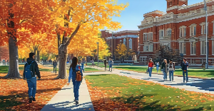 A panoramic view of the University of Nevada, Reno campus in autumn with colorful trees and students walking along a pathway.