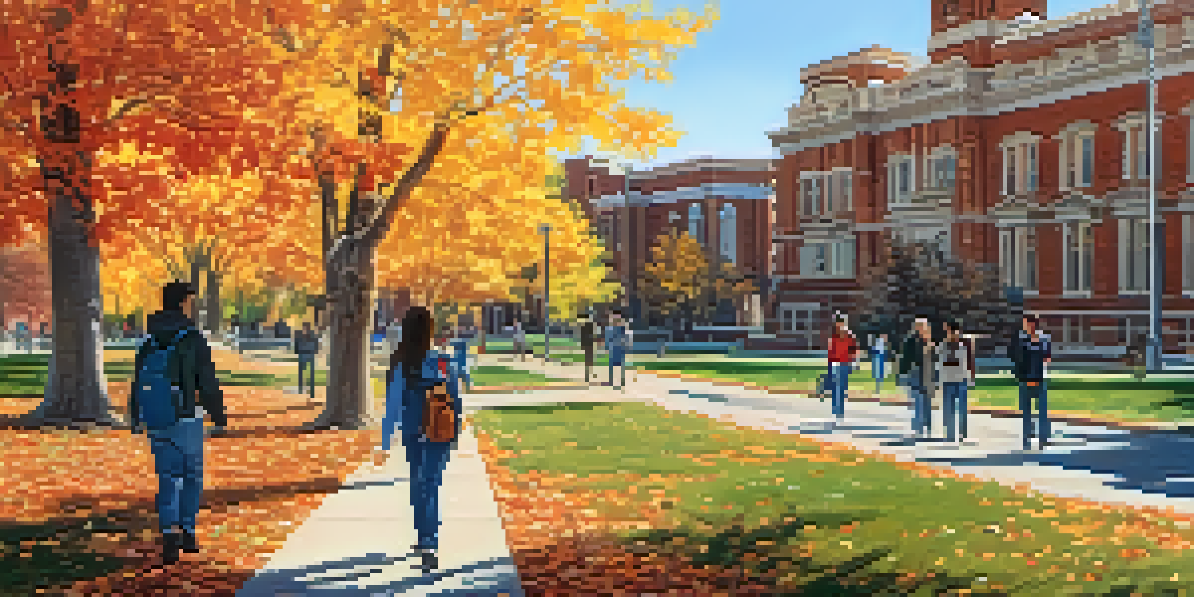 A panoramic view of the University of Nevada, Reno campus in autumn with colorful trees and students walking along a pathway.