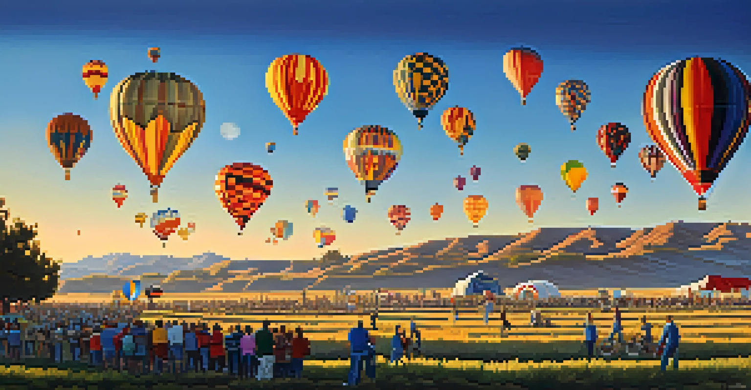 A stunning early morning scene of the Great Reno Balloon Race with colorful hot air balloons ascending into a clear blue sky and spectators on the ground.